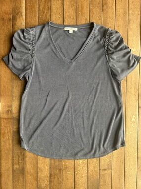 Green Envelope Short Sleeve Blue V-Neck Top with Ruched Shoulders Size Small